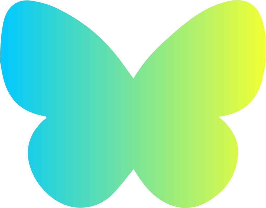 A blue and green gradient butterfly fluttering around with ease