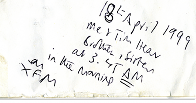 A note written by Chris stating that their song Brothers and Sisters would be played on XFM at 3.41AM