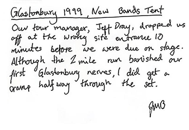 A written note by Jonny talking about their Glastonbury mishap