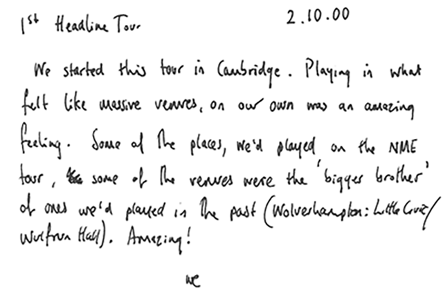 A written note by Will expressing his excitement about playing in bigger venue's